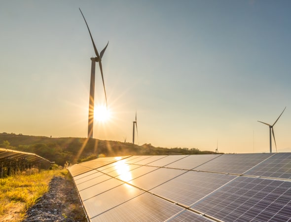 Solar panels at sunset